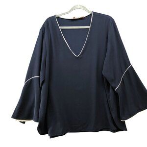 Calvin Klein Long Sleeve Blouse Womens 2X Flare Sleeve V-Neck Navy Blue